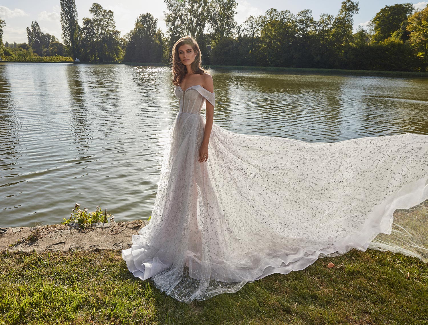 off the shoulder wedding dress with glitzy beading
