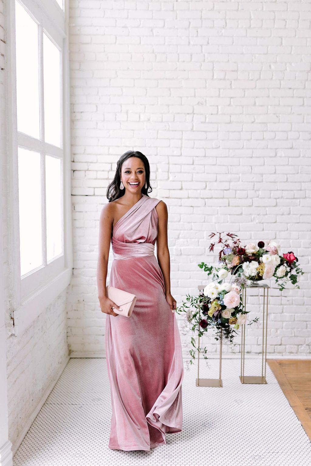 one-shoulder velvet bridesmaid dress with bubblegum pink hue